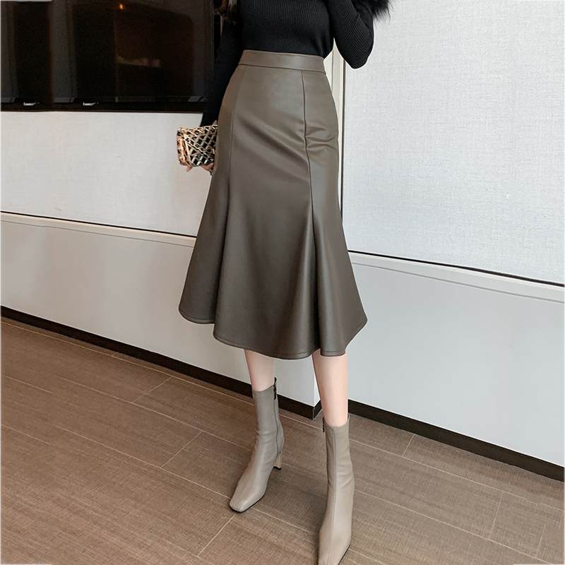 Ladies Elegant Asymmetrical Faux Leather Mermaid Skirt Autumn Winter High Waist Midi Skirt Office Female  PU Skirts