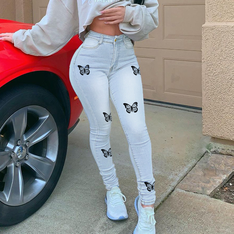  Printed Blue Jeans Women High Waist Skinny Denim Trousers  Summer Thin Denim Pencil Pants Office Lady Casual Pants