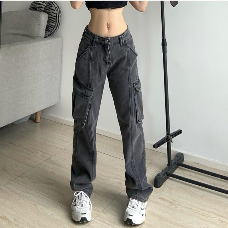 Vintage Baggy Jeans Women 90s Streetwear Pockets Wide Leg Cargo Pants Low Waist Straight Denim Trousers