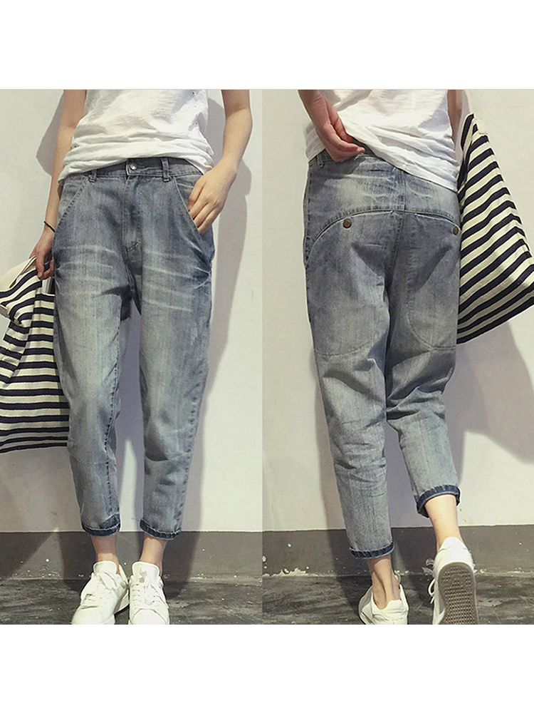 16023 Women's Jeans Spring  Style Loose Office Ladies Streetwear Solid Color Light Blue Elastic Bleach Scratch Denim Pants