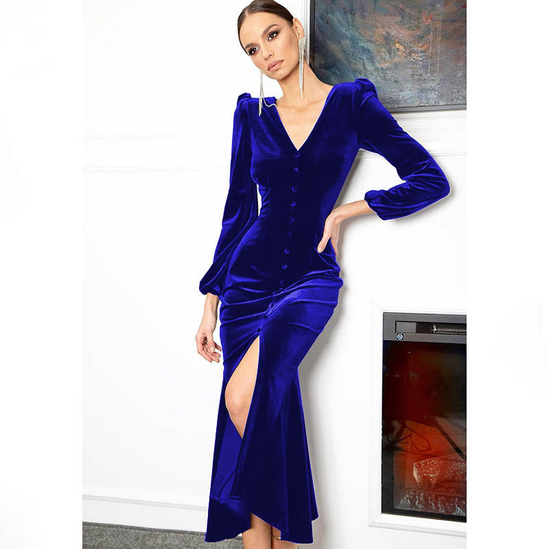 Elegant V-Neck Sexy Bodycon Long Dress Women Long Puff Sleeves Autumn Button Up Slit Dresses  Evening Party Dress 