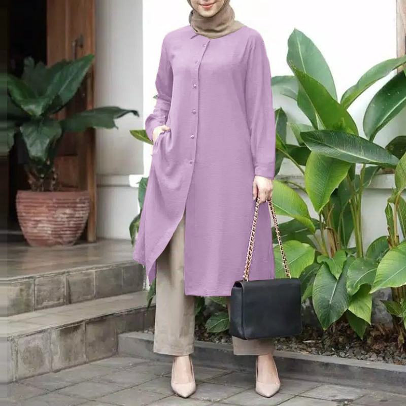 Islamic Clothing  Buttons Down Solid Long Blouse ZANZEA Women Full Sleeved Muslim Blouse Tops Kaftan Casual Solid Blusas