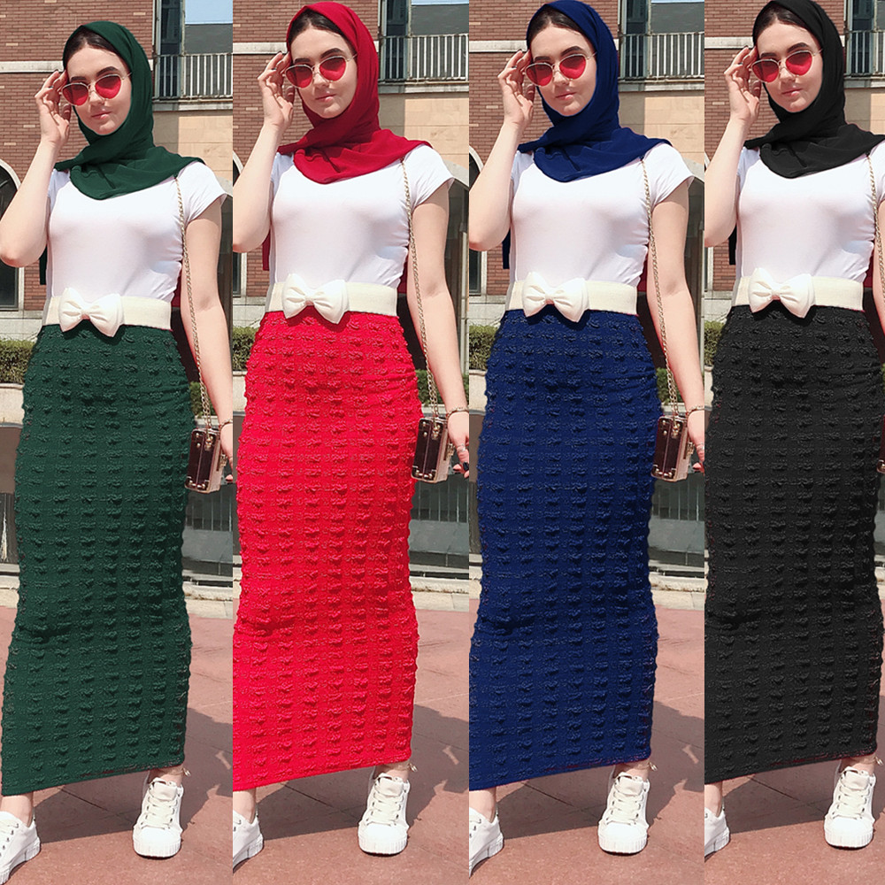 Muslim Women Maxi Skirts High Waist Buttons Knitted Stretch Bodycon Sheath Long Skirt Solid Femme Pencil Skirts Abaya Islamic