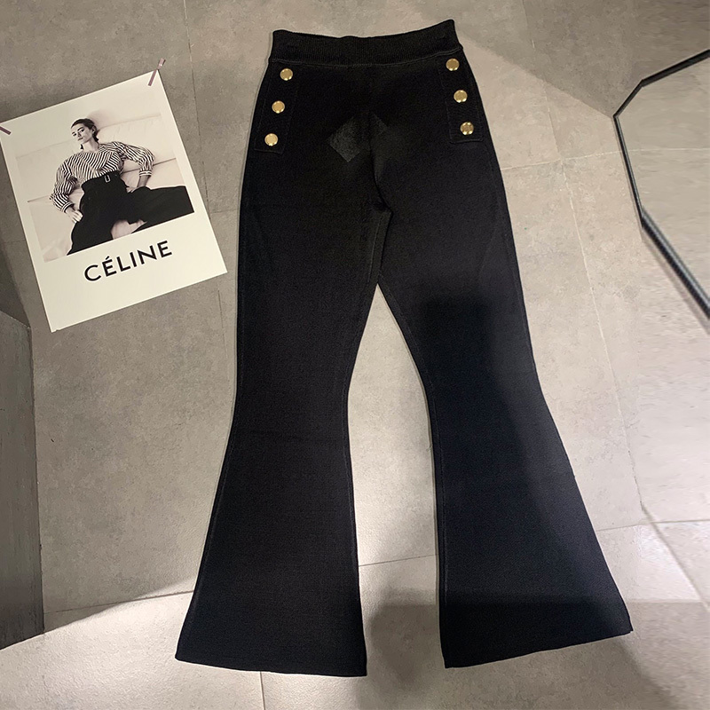 22 Spring Summer High  Black Double Breasted Flared Pants High Waist Gold Button Women Slim Comfortable Jeans Designer