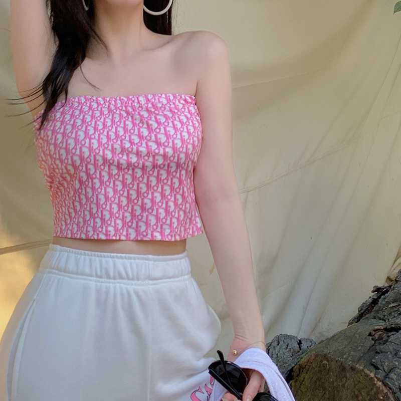 Y2K Sexy Summer Lettered One Line Collar Bra Retro Streetwear Cute Spice Girls T Shirt Summer E-girl Crop Top Women Clothing