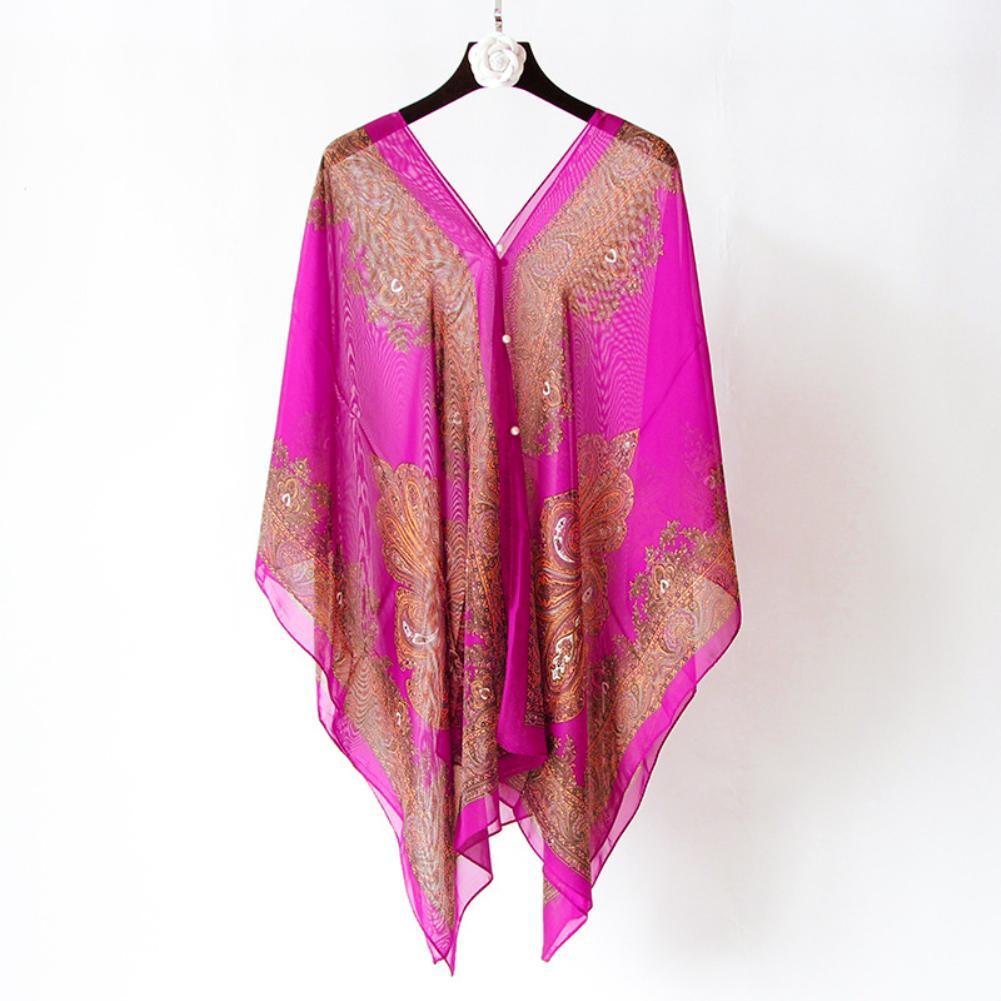 Women Scarf Shawl Summer Beach Bikini Cover Up Loose Chiffon Blouse Shawl Scarf with Buttons Sunscreen Comfortable Cover-Ups