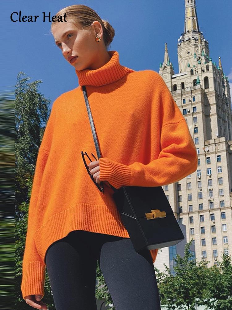 Casual Women's Knitted Solid Turtleneck Sweater Oversize Long Sleeve Ladies Loose Pullover Tops  Autumn Warm Female Sweaters