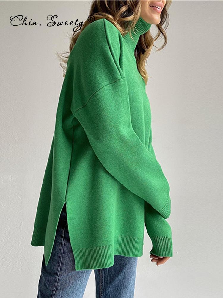Autumn Women's Loose Turtleneck Sweater  Solid Long Sleeve Split Knit Sweaters Female  Casual Simple Lady Clothes