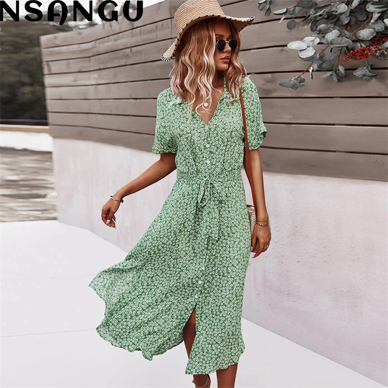 Dress Summer  Spring Women Bandage Casual Floral Print Beach Dress Vintage Button Holiday Ladies Chic Dresses Vestidos