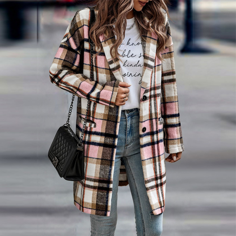 Women Autumn Winter Pocket Plaid Warm Coats Casual Street Loose Long Sleeve Button Jackets Vintage Loose Cardigan Lapel Overcoat