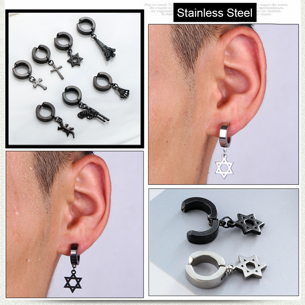 1PC Men Women Stainless Steel Cross Dangle Hoop Clip on Earrings Non-Piercing