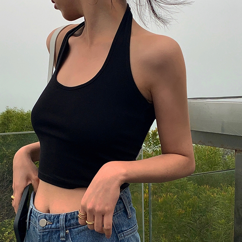 Cotton Sexy Backless Black White Tank Top Without Pad Halter Streetwear Vest  Strench Crop Top Summer   Ladies