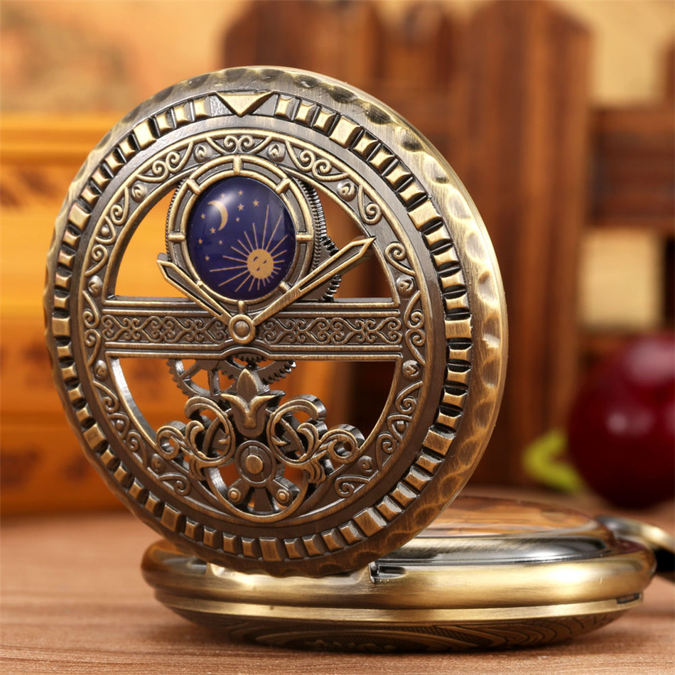 Bronze Mechanical Pocket Watch Moon Sun Phase Decorative Engraved Antique Hand-Winding Pendant Pocket Clock  Gift