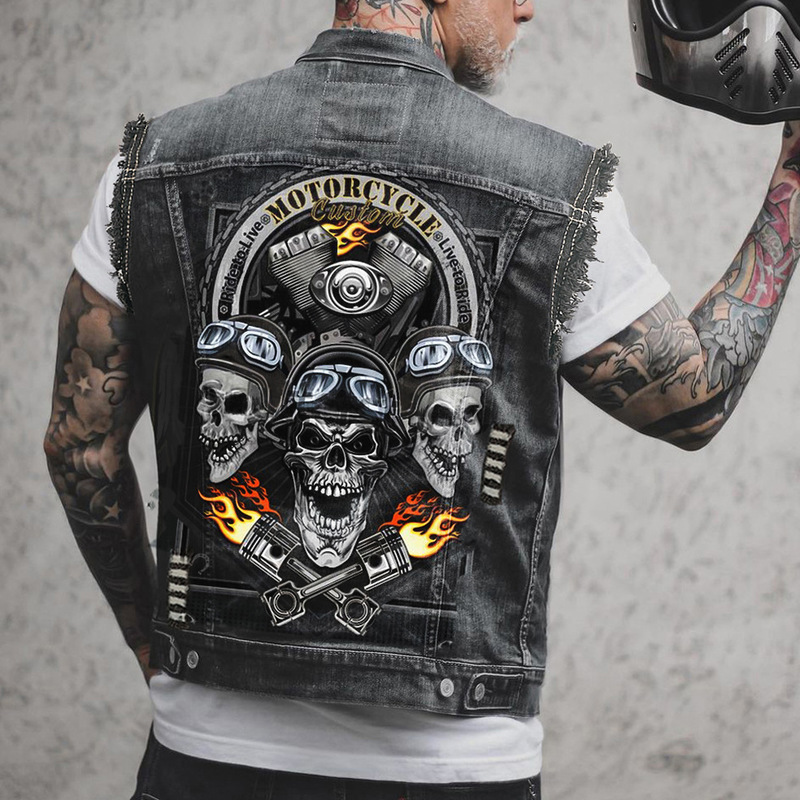 Hip Hop Punk Top Waistcoat Hole Ripped Cotton Men Denim Vests Mens Vest locomotive Sleevless Jean Jacket Skull Motorcycle Biker