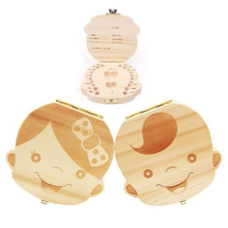 1PC Spanish English Baby Wood Tooth Box Organizer Milk Teeth Storage Collect Teeth Umbilical Cord Save Gifts for Kids  Girls