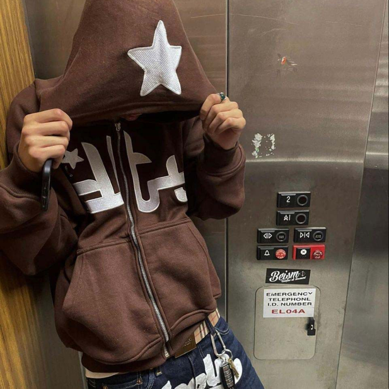 Star Letter Print Hoodie Men  Zip Up Long Sleeve Oversized Jacket Coat Harajuku Gothic Hooded Sweatshirt Y2K Teen Clothes
