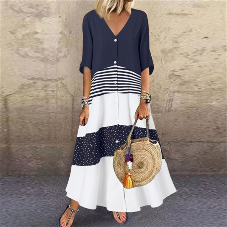 Women Stiching Sundress  Elegant Summer Shirt Dress Half Sleeve Printed Maxi Vestidos Female V Neck Robe