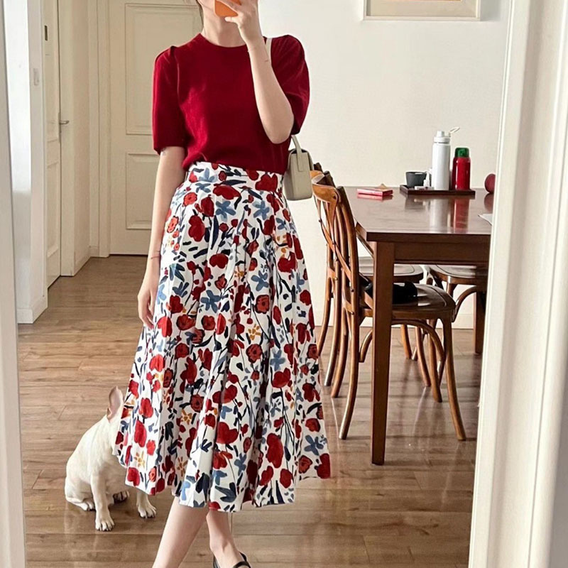 22 Summer Vintage Print Rose High Waist Skirt Women Casual Cotton Red Flower Colorful Skirts Large Hem Zipper Pocket Aline Skirt