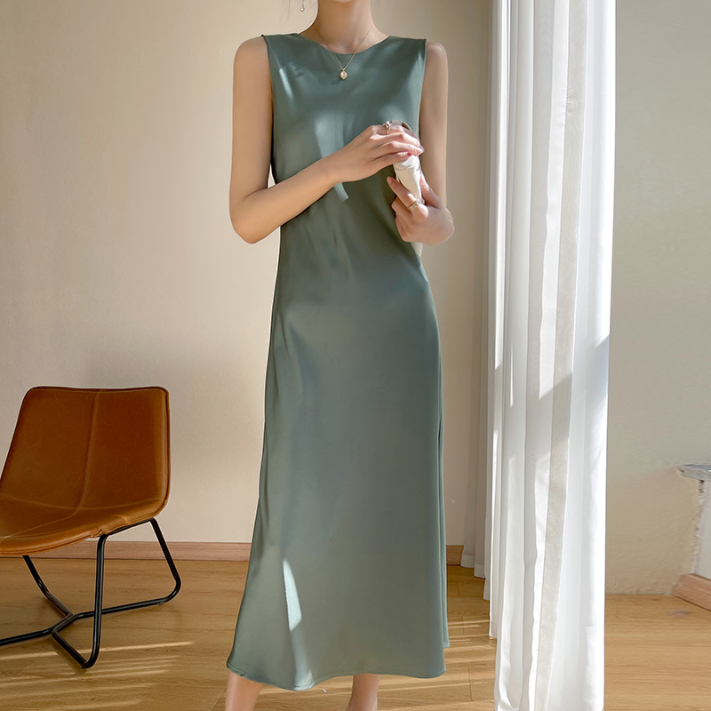 High-End 100 Pure Silk Dress Women's Satin Suspender Long Skirt Mulberry Silk Acetate Slim Fit Round Neck A-Line Skirt