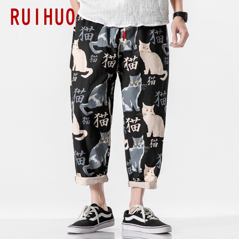 RUIHUO  Cat Print Harem Pants Men Trousers Casual Baggy Pants Men Ankle-Length Sweatpants Hip Hop Streetwear M-5XL