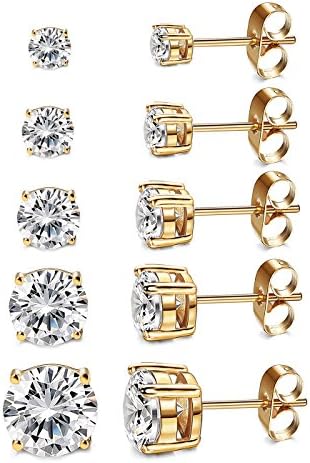 Kainier Women's 14K Gold Plated CZ Stud Earrings Simulated Diamond Round Cubic Zirconia Ear Stud Set（5 Pairs)…