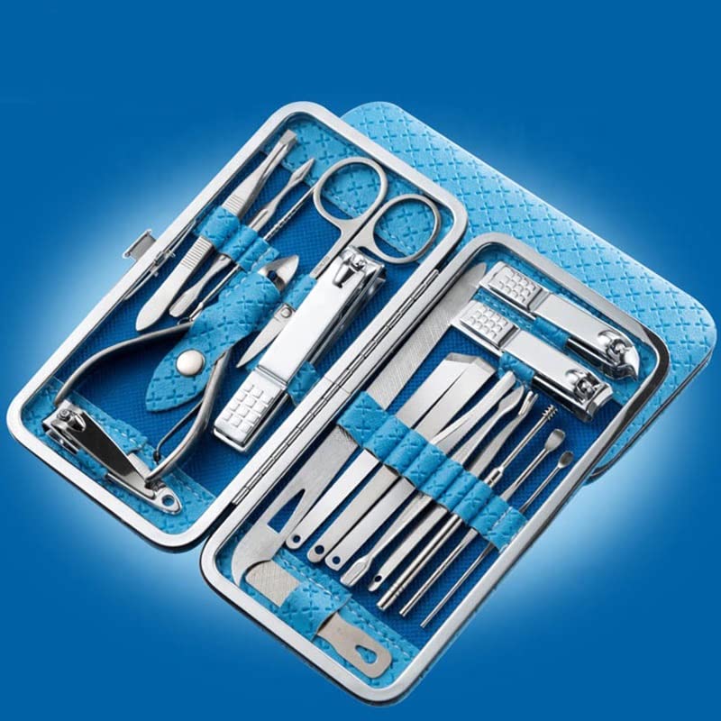 Manicure and Pedicure kits, 19 tools in 1 Professional Grooming set, Nail, feet, face and hands Care. All in a premium small luxurious colored Travel Case (BLUE)