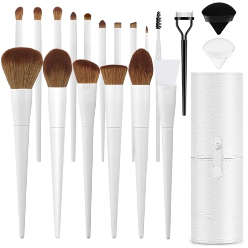 Makeup Brushes With Case 20PCs Professional Makeup Brush Set, Foundation Powder Eyeshadow Brush Set Eyebrow Concealer Contour Travel Brushes Kit with Holder & 2 Powder Puff-White