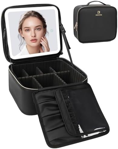 Relavel Makeup Bag with Light Up Mirror, Makeup Case Travel Cosmetic Bags Brush Organizer Storage Box, Rechargeable Vanity Mirror with 3 Color Lights, High Frame Mirror Protection (Black)