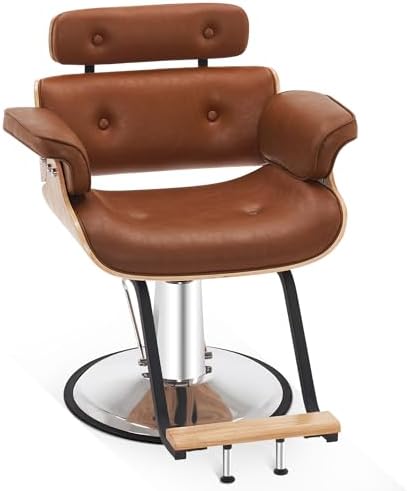 BarberPub Bend Wooden Salon Chair Hydraulic Chair Hair Cutting Beauty Spa Styling Equipment 8261(Brown)