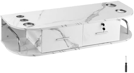 VEVOR Wall Mount Styling Station, Hair Barber Table with 5 Hair Dryer Holders, 2 Drawers(One Lockable), Beauty Salon Equipment for SPA, Barber Shop, Home & Bathroom, Marble White