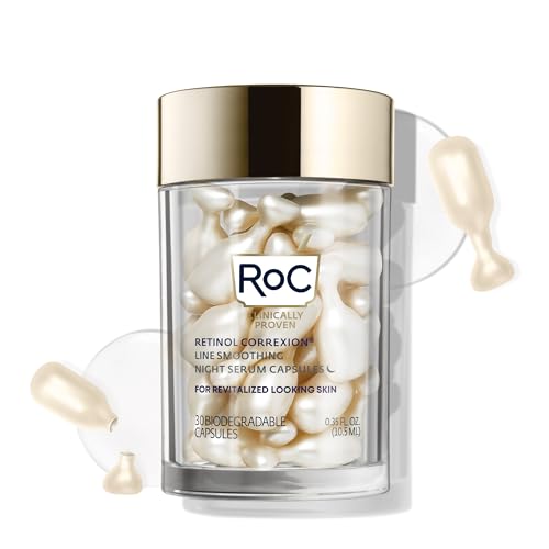 RoC Retinol Correxion Anti-Aging Wrinkle Night Serum, Daily Line Smoothing Skin Care, Fine Line & Post-Acne Scars Treatment, Stocking Stuffers for Men & Women, 30 Capsules, Unscented, 0.35 Fl Oz