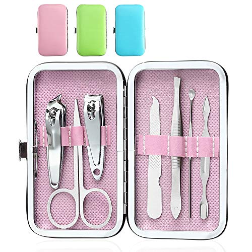 3 Pack 7Pcs Manicure Set,Cute and Surprisingly Sturdy Stainless Steel Nail Clipper Set with case, Great Gifts Personal Pedicure Kit for Women Men Girls Travel, Pink Blue Green