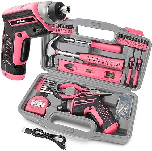 Hi-Spec 35pc Pink Tool Kit with 3.6V USB Electric Screwdriver and Drill Set. Complete Women Tool Set