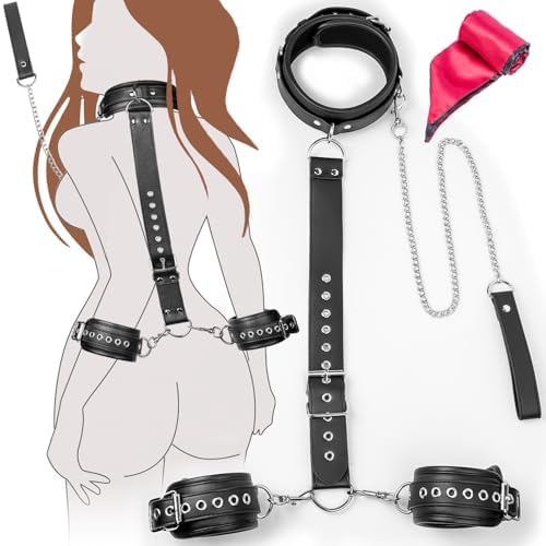 Sex Restraints BDSM Bondage Adult Sex Toys - Neck to Wrist Bondage Restraints Set with Chain Behind Back Handcuffs Collar and Blindfold Bondage Gear Accessories, SM Games Play Sex Toys for Women