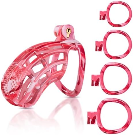 Male Chastity Device Cock Cage - UTIMI Large Plastic Chastity Cage for Man Penis Exercise 3D Printed Pink Bondage Gear & Accessories Lightweight Adult Sex Toy with 4 Sizes Rings Invisible Lock and Key