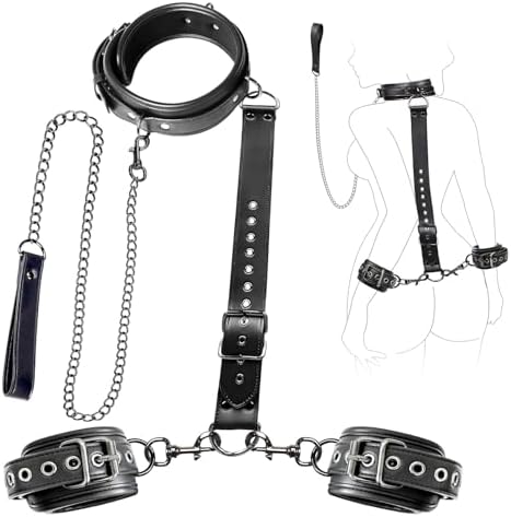 BDSM Sex Restraint, Neck to Wrist Bondage Restraints for Couples Sex Toys, Behind Back Collar Sex Straps with Traction Chain Adjustable Handcuffs Bondage Gear&Accessories for SM Beginner Role Play