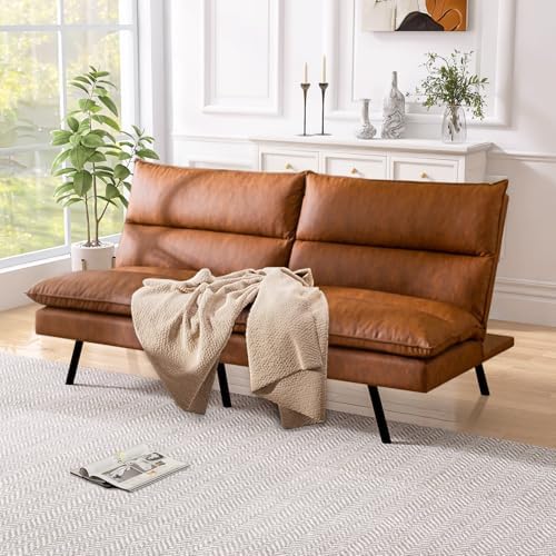 Convertible Armless Futon Sofa Bed,Faux Leather Memory Foam Futon Couch Bed,Small Splitback Loveseat Sleeper Sofa Bed for Living Room,Office,Apartment,Brown
