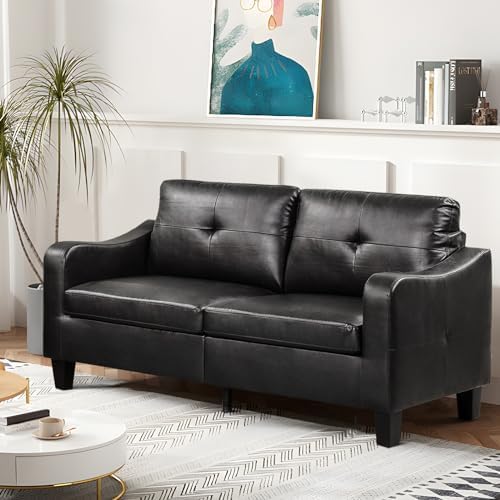 Upholstered 3-seat Faux Leather Sofa Couch, Modern Loveseat Sofa, Wood Frame and Sturdy Legs for Living Room Bedroom Office, Black