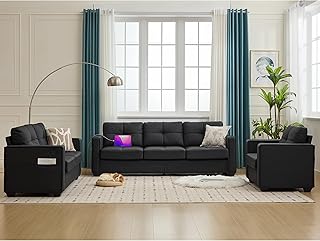 TYBOATLE Black Faux Leather Sofa Couch Sectional Couches for Living Room, 3 Piece Living Room Set Furniture Comfy Modular Convertible Sofas, Home Office Sofa Set for Apartment Small Space (1+2+3)