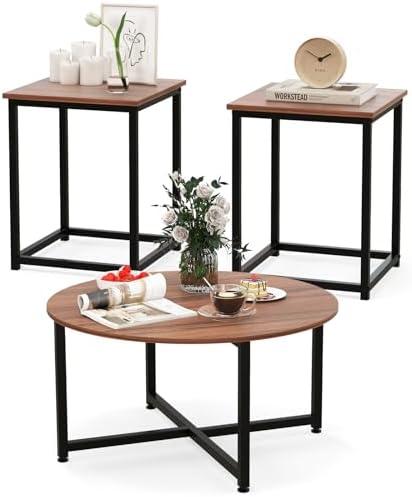 COSTWAY Coffee Table Set of 3, Round Wood Grain Coffee Table and 2 Square End Side Tables with Metal Frame, Modern 3-Piece Living Room Tables Set for Small Space, Apartment (Walnut & Black)