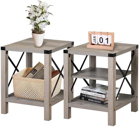 IDEALHOUSE Farmhouse End Tables Living Room Set of 2, Side Table Rectangular Nightstand Sofa Side Table for Living Room, Bedroom, Lounge, Grey