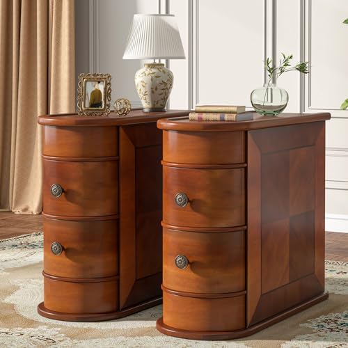 Tribesigns Wood End Table Set of 2, Narrow Solid Side Table 2-Drawer Slim Chair Side Table, No Assembly Required, Finished Back, Walnut