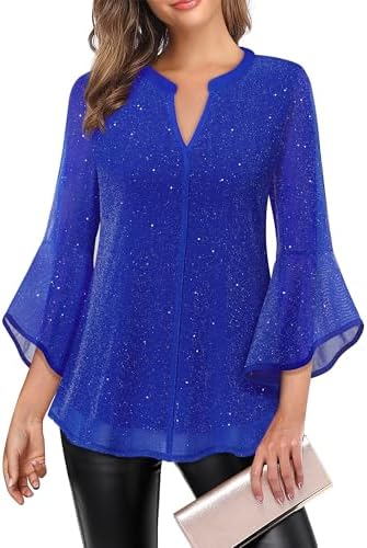 VALOLIA Women's 3/4 Sleeve Dressy Blouses Shirts Casual Loose Fit Mesh Layered Flowy Tunic Tops