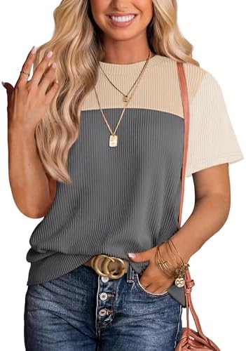 WIHOLL Womens Fashion 2025 Color Block Shirts Short Sleeve Crewneck Knitted Spring Summer Tops Casual Trendy