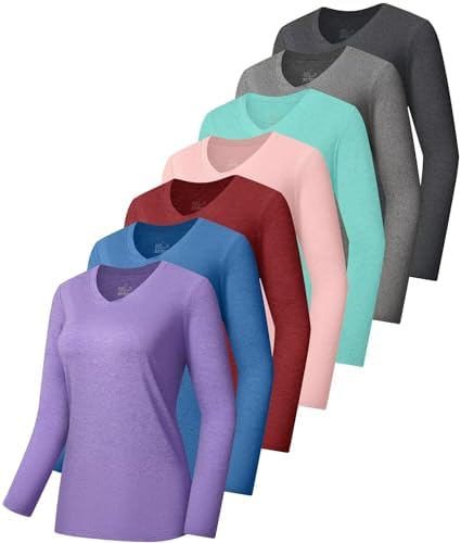 7 Pack Long Sleeve Workout Tops for Women Spring Fall V Neck Tops Running Athletic Shirts Active Quick Dry T Shirts Tees