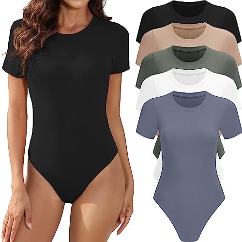 5 Pack Body Suits for Womens Short Sleeve Round Neck Casual Stretchy Basic T Shirt Bodysuit Tops