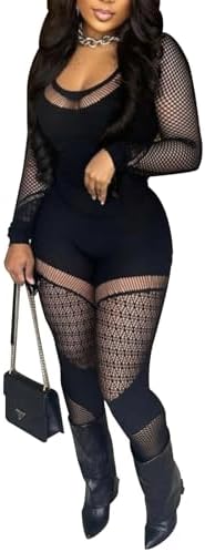 Women Sexy See Through Womens Jumpsuit Outfits Mesh Hollow Out Crop Top Bodycon Long Sleeve Rompers