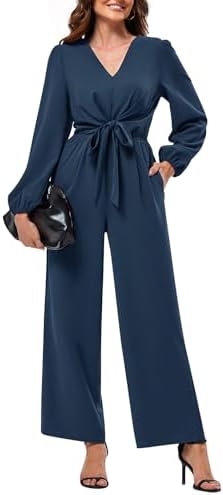 JASAMBAC Women Jumpsuits Dressy Casual 2024 Long Sleeve Wide Leg High Waist Long Pants Rompers Fall Outfits with Pockets