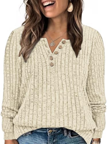 ROSRISS Womens-Plus-Size-Tops Trendy Long Sleeve Henley Shirts Casual Ribbed Knit Tunics Dressy Crewneck Pullover Sweaters
