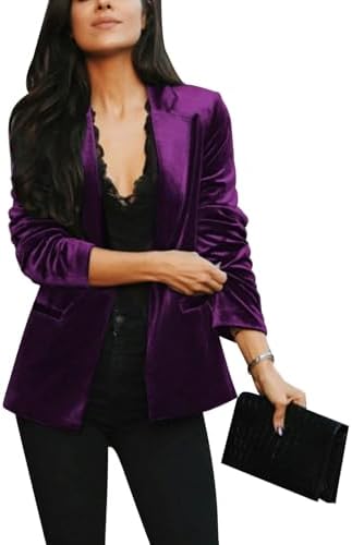 Women's Velvet Suit Blazer Jacket Casual Office Work Long Sleeve Button Pockets Tailored Jacket Coat Blazer